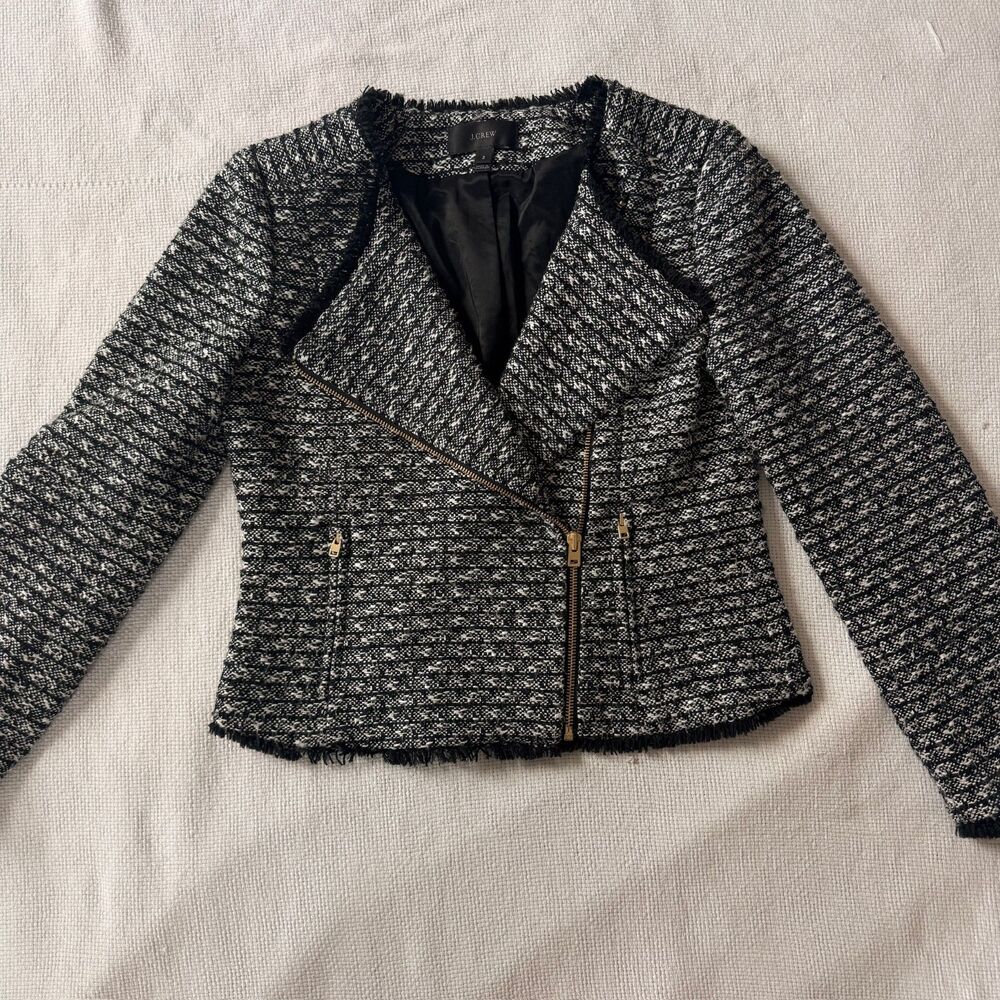 J. Crew Tweed Jacket Fringey Zip Moto Black Size 2 - Style F6000